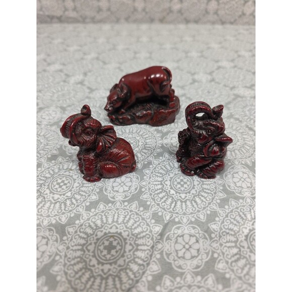Ox, Elephant Figurine Set Dark Red Asian Zodiac‎ Statues Decor - Picture 2 of 7